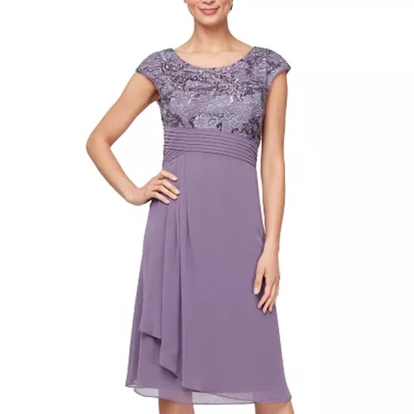 Alex Evenings Women's Sequined-Lace A-Line Dress Empire Waist Lilac Sleeveless 8 - Picture 1 of 10